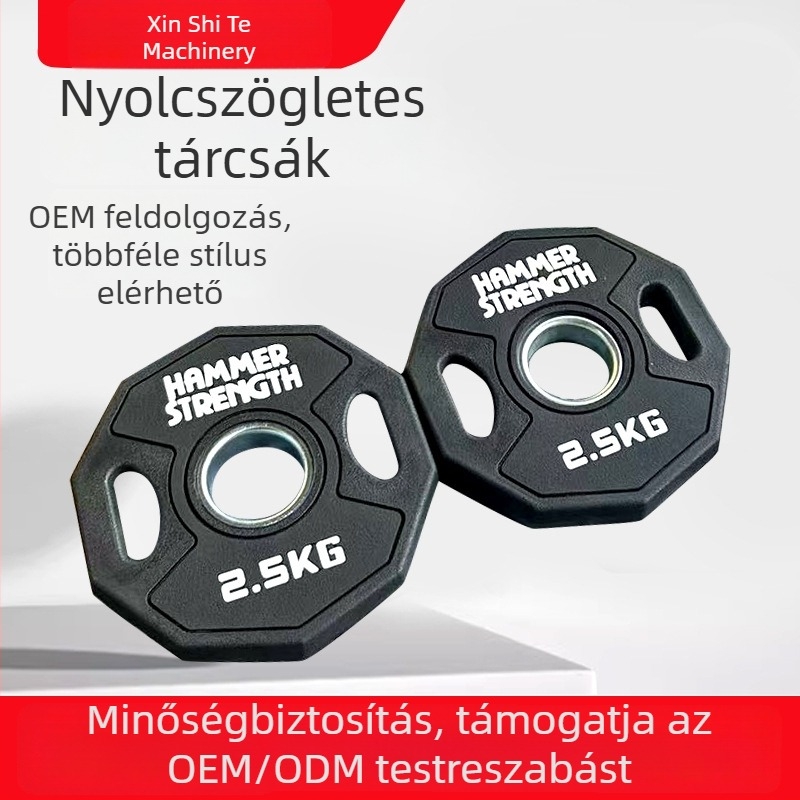 5 kg gumírozott csúszásmentes tízszögletű súlykorong, fekete, 3 lyukas, kopásálló otthoni edzéshez