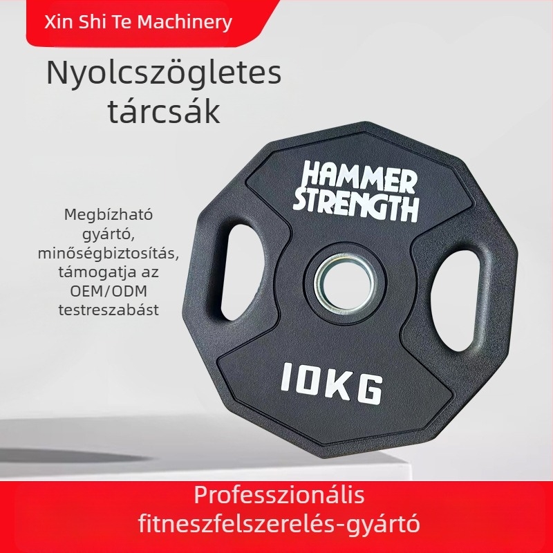 5 kg gumírozott csúszásmentes tízszögletű súlykorong, fekete, 3 lyukas, kopásálló otthoni edzéshez