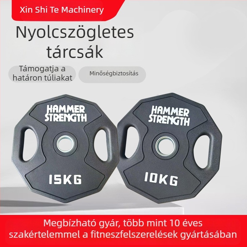 5 kg gumírozott csúszásmentes tízszögletű súlykorong, fekete, 3 lyukas, kopásálló otthoni edzéshez