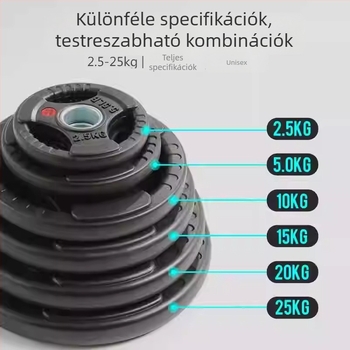 Állítható gumírozott bárkorongok, háromlyukas kialakítás, nagy és kicsi lyukakkal, otthoni edzéshez