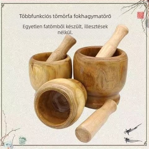 Fából készült kézi fokhagyma mozsár háztartási használatra, klasszikus stílus, többfunkciós: fokhagyma nyomó, zúzó, őrlő és fokhagyma hámozó.