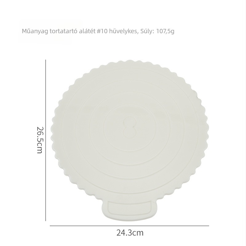 Fehér ABS műanyagból készült tortaalátét, vastagított, 10 hüvelykes kör alakú, mosható és újrahasználható.