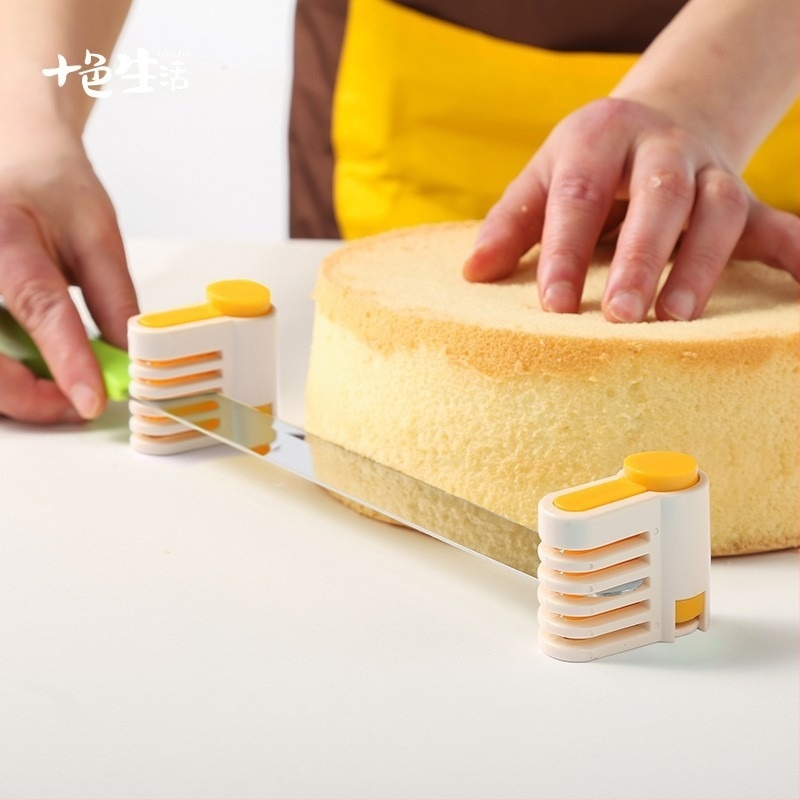 Torta rétegező eszköz és kenyérszeletelő állvány, 2 darabos készlet, sárga