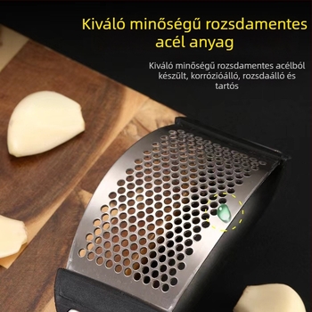 Rozsdamentes acél fokhagyma sajtoló — kézi, ívelt kialakítású, fokhagyma hántolóval