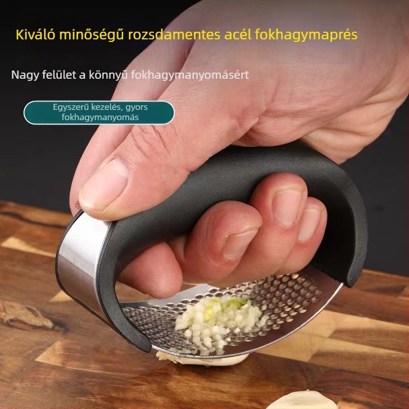 Rozsdamentes acél fokhagyma sajtoló — kézi, ívelt kialakítású, fokhagyma hántolóval