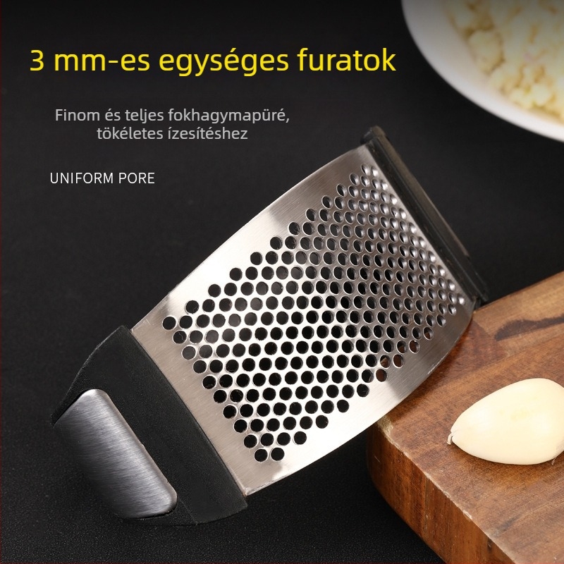 Rozsdamentes acél fokhagyma sajtoló — kézi, ívelt kialakítású, fokhagyma hántolóval