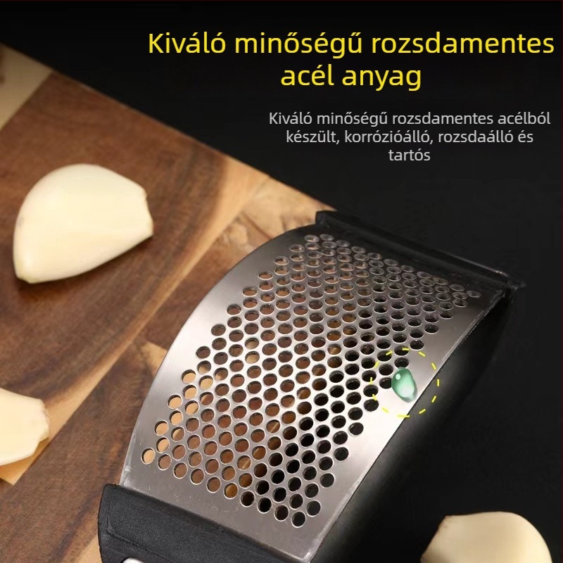 Rozsdamentes acél fokhagyma sajtoló — kézi, ívelt kialakítású, fokhagyma hántolóval