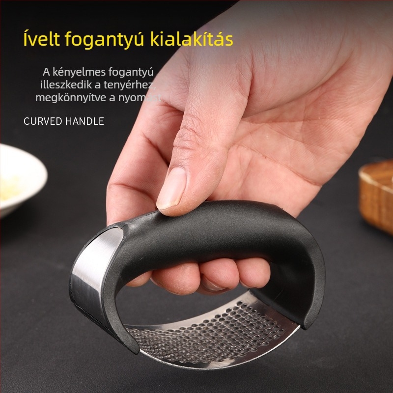 Rozsdamentes acél fokhagyma sajtoló — kézi, ívelt kialakítású, fokhagyma hántolóval