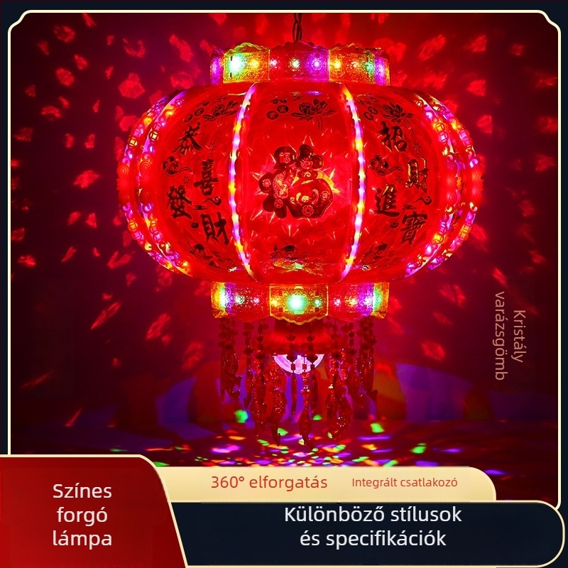 Többszínű forgó LED lámpa kristály szerencse szimbólummal, balkon dekorációhoz, költözéshez és kínai új évhez