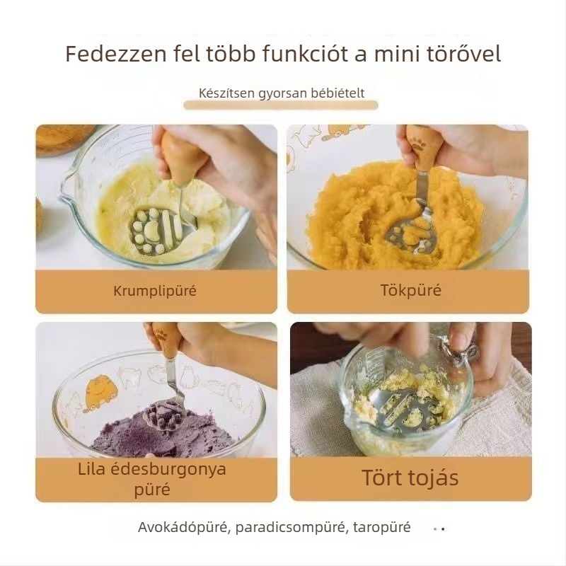 Medve alakú rozsdamentes acélból készült, multifunkciós konyhai eszköz: burgonyapüré készítő, fokhagyma prés, tojás törő és bébiételhez való szűrő.