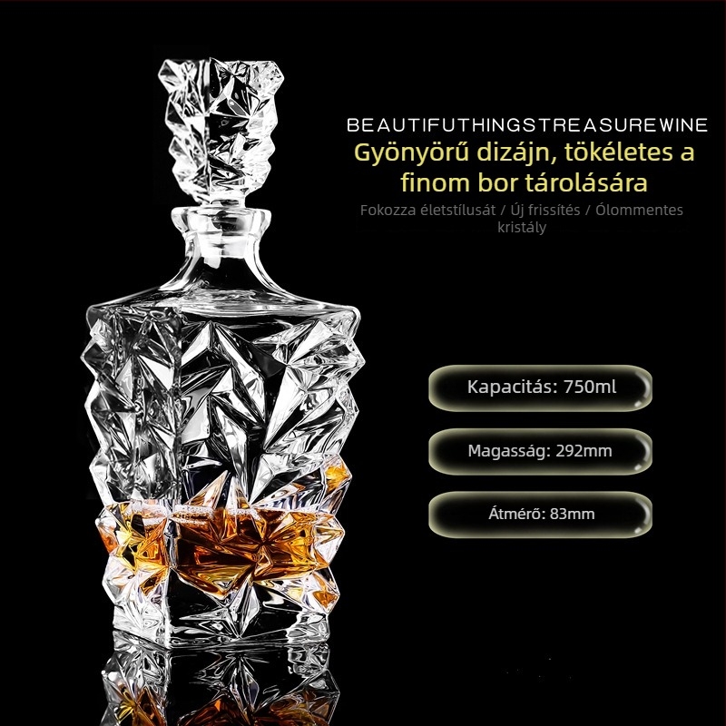 Kristályos üvegű dekantáló fedéllel – borhoz és whiskeyhez