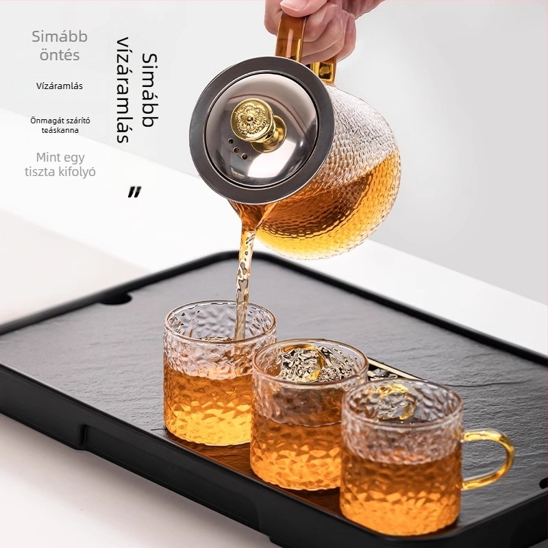 Üvegből készült teáskészlet teáskannával, csészékkel és szűrővel, teás tálcával, 6 személyre, otthoni használatra, modern minimalist stílus