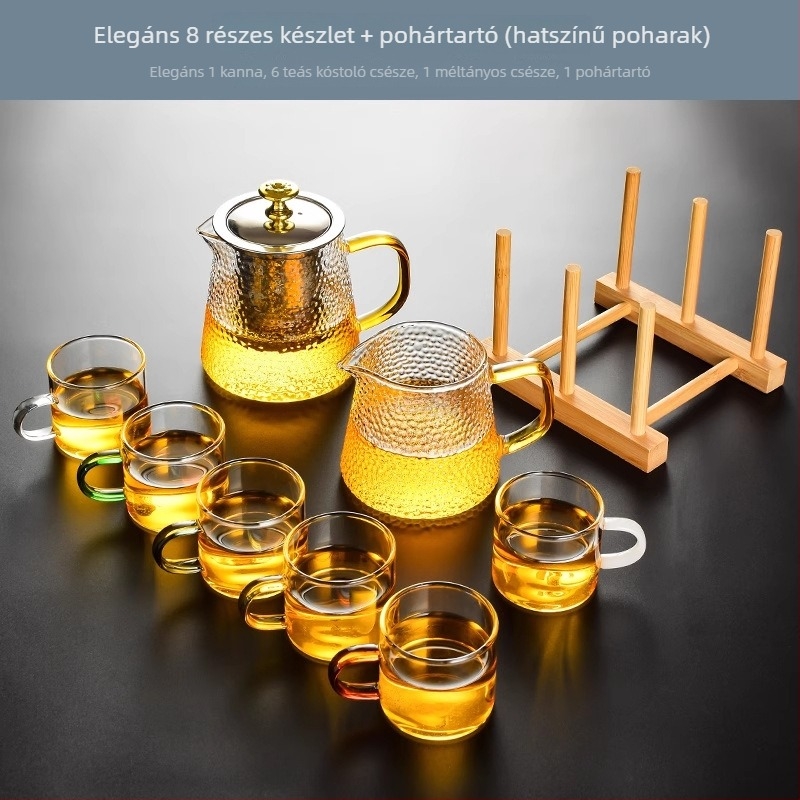 Üvegből készült teáskészlet teáskannával, csészékkel és szűrővel, teás tálcával, 6 személyre, otthoni használatra, modern minimalist stílus