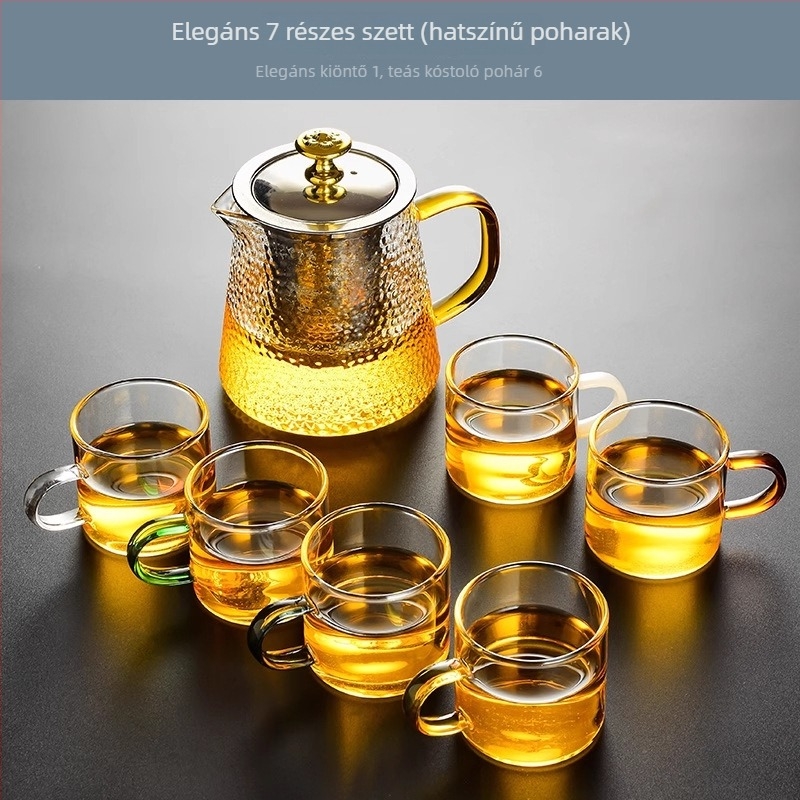 Üvegből készült teáskészlet teáskannával, csészékkel és szűrővel, teás tálcával, 6 személyre, otthoni használatra, modern minimalist stílus