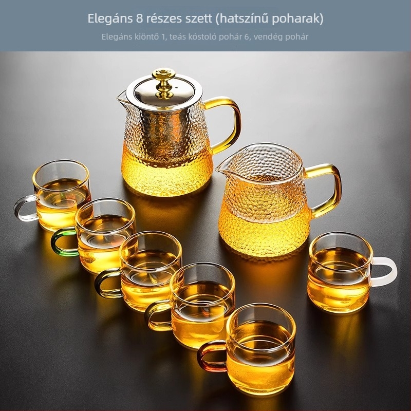 Üvegből készült teáskészlet teáskannával, csészékkel és szűrővel, teás tálcával, 6 személyre, otthoni használatra, modern minimalist stílus