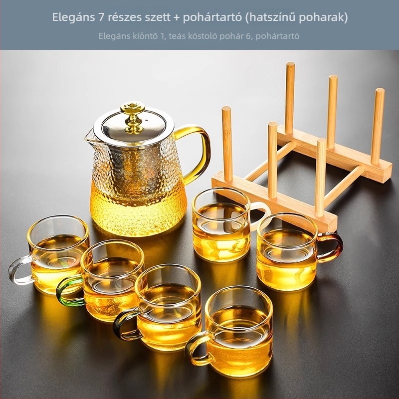 Üvegből készült teáskészlet teáskannával, csészékkel és szűrővel, teás tálcával, 6 személyre, otthoni használatra, modern minimalist stílus