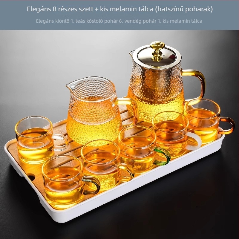 Üvegből készült teáskészlet teáskannával, csészékkel és szűrővel, teás tálcával, 6 személyre, otthoni használatra, modern minimalist stílus