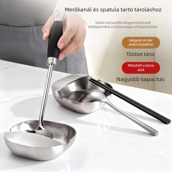 Rozsdamentes acél kanál- és eszköztartó állvány fedőknek és spatuláknak, hőálló, konyhapulthoz.