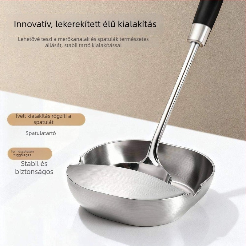Rozsdamentes acél kanál- és eszköztartó állvány fedőknek és spatuláknak, hőálló, konyhapulthoz.