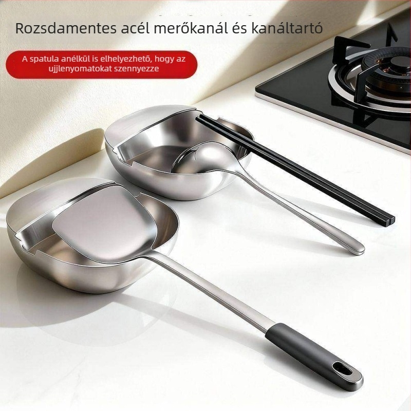 Rozsdamentes acél kanál- és eszköztartó állvány fedőknek és spatuláknak, hőálló, konyhapulthoz.
