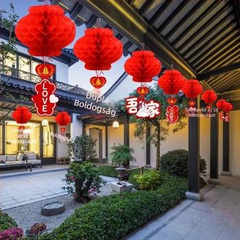 Vörös papírlámpások méhsejt mintázattal esküvőre – beltéri és kerthez való függő dekoráció, fán is használható