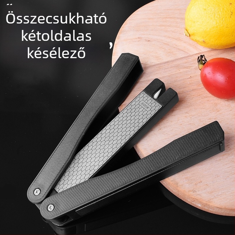 Kültéri összecsukható késélező, hordozható ventillátor alakú emery-kő és kerámiás élező rúd konyhai késekhez