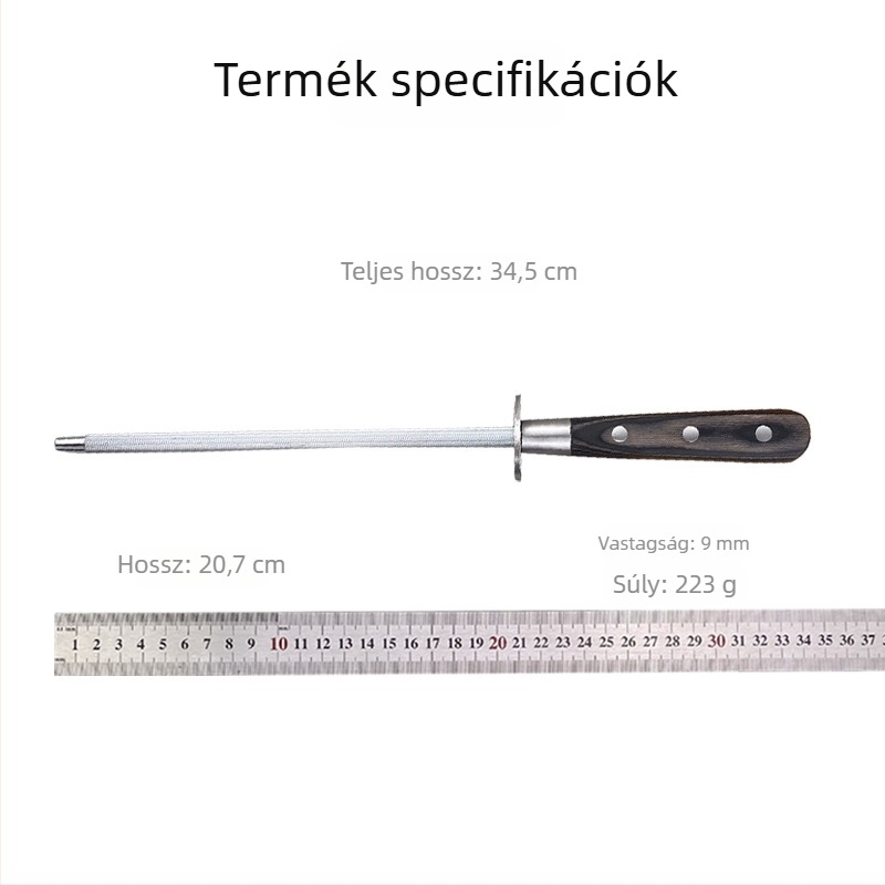 Fából készült nyelű késélezítő, konyhai eszköz, gyors és magas keménységű élezés, húsélező rúddal