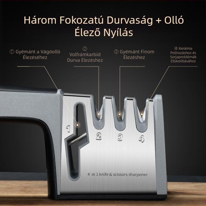 Kézi négyfokozatú többfunkciós élező kő, konyhai eszköz – kés és olló élezésére