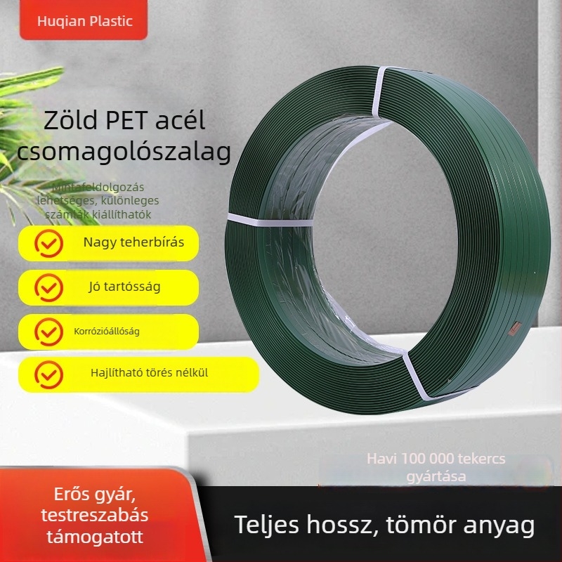 Zöld PET csomagoló szalag gépi használatra, szélesség 16/19 mm, forró olvadó kötés