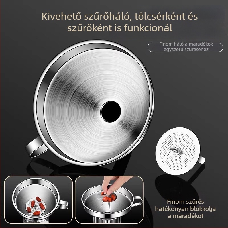 Élelmiszer-minőségű rozsdamentes acél tölcsér, háztartási használatra, vastított, kis átmérőjű, szűrővel, olaj, bor és szeszes italok öntésére