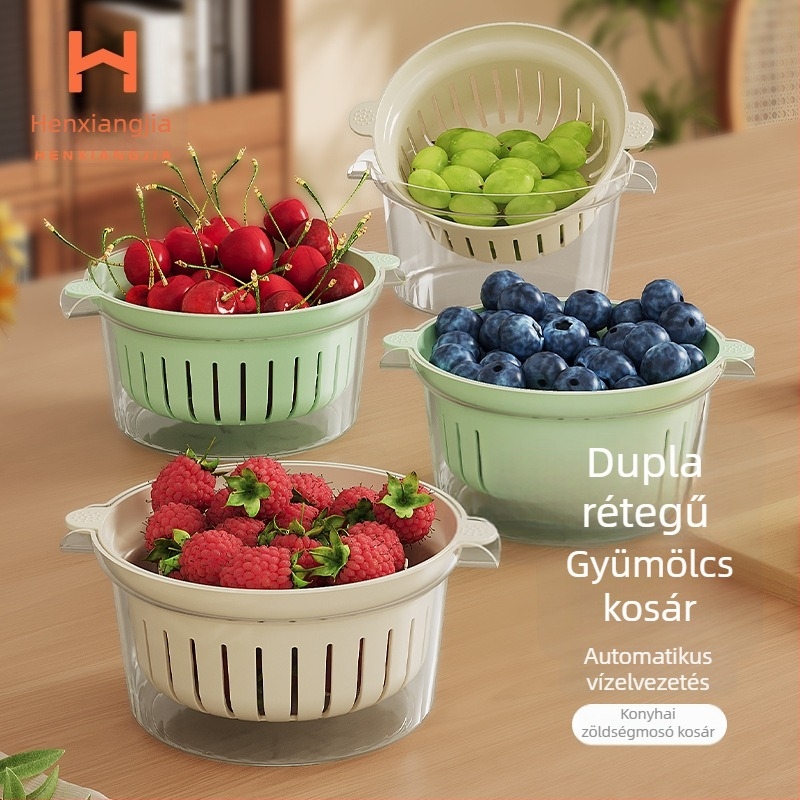 Mini gyümölcs leeresztő kosár, kétszintes, multifunkcionális konyhai szűrő rizs és zöldségek mosásához