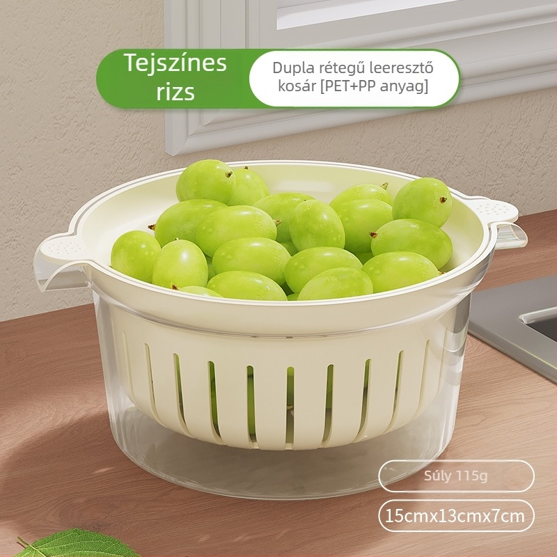 Mini gyümölcs leeresztő kosár, kétszintes, multifunkcionális konyhai szűrő rizs és zöldségek mosásához