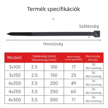 Nylon önzáró kábelkötegelők, 2,5 mm × 150 mm, 50 darabos csomag