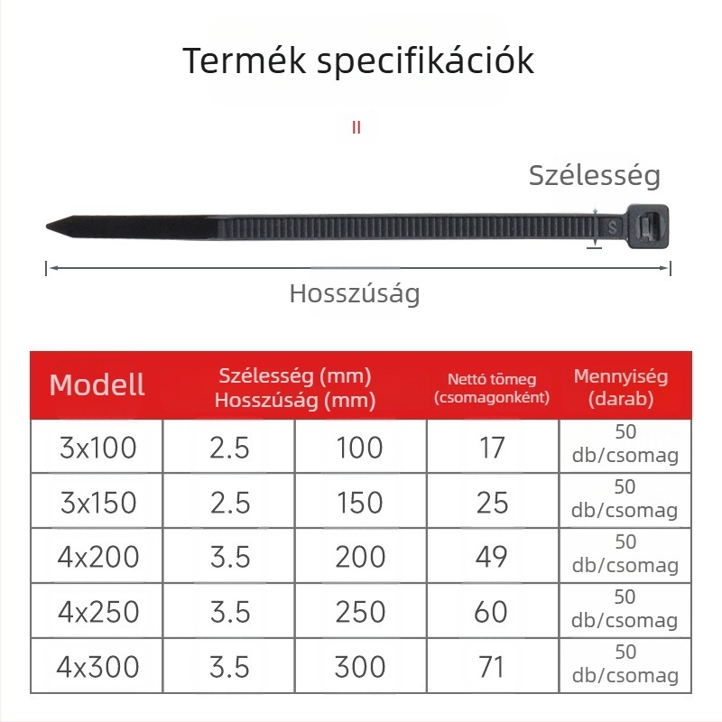 Nylon önzáró kábelkötegelők, 2,5 mm × 150 mm, 50 darabos csomag