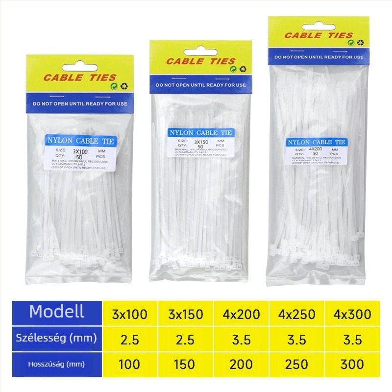 Nylon önzáró kábelkötegelők, 2,5 mm × 150 mm, 50 darabos csomag