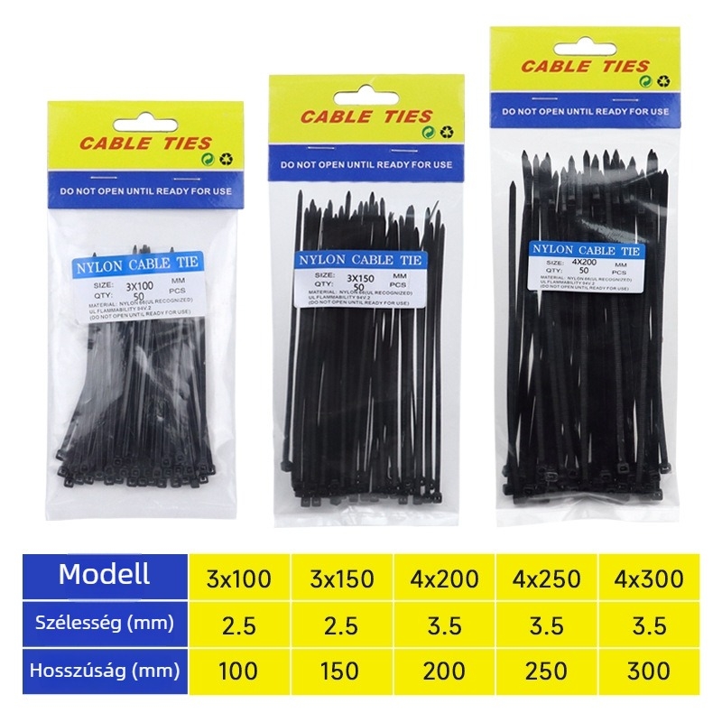 Nylon önzáró kábelkötegelők, 2,5 mm × 150 mm, 50 darabos csomag