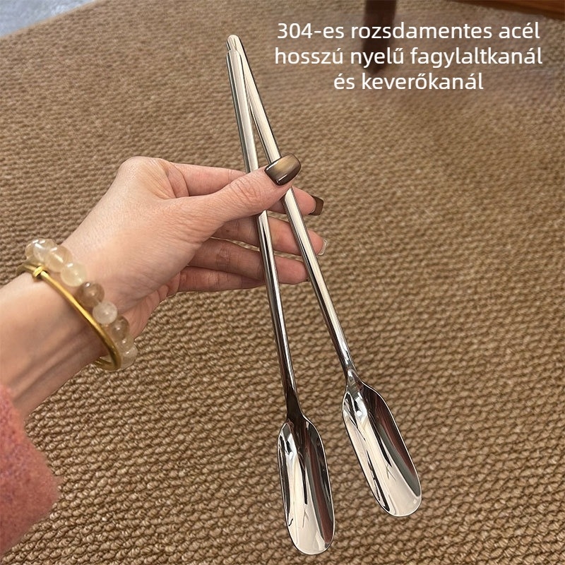 304 rozsdamentes acélból készült hosszú nyelű kanál tejpor és méz keverésére, kreatív vastagított dizájn