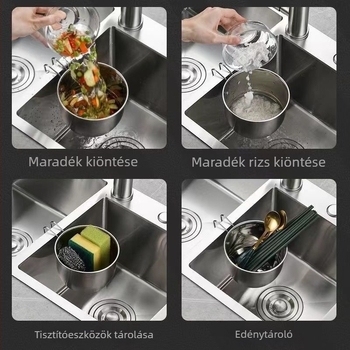 Új, rozsdamentes acélból készült, vastagodott leeresztő kosár mosogatókhoz, függő, gyümölcs és zöldségek mosására, konyhai mosogatóhoz tartozó leeresztő állvány szűrőkosárral.