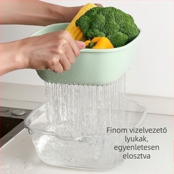 PET többfunkciós, kétszintű lefolyó kosár zöldségek és gyümölcsök számára, háztartási gyümölcstál és mosóedény, száraz és nedves szűrésre
