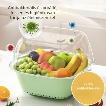 PET többfunkciós, kétszintű lefolyó kosár zöldségek és gyümölcsök számára, háztartási gyümölcstál és mosóedény, száraz és nedves szűrésre
