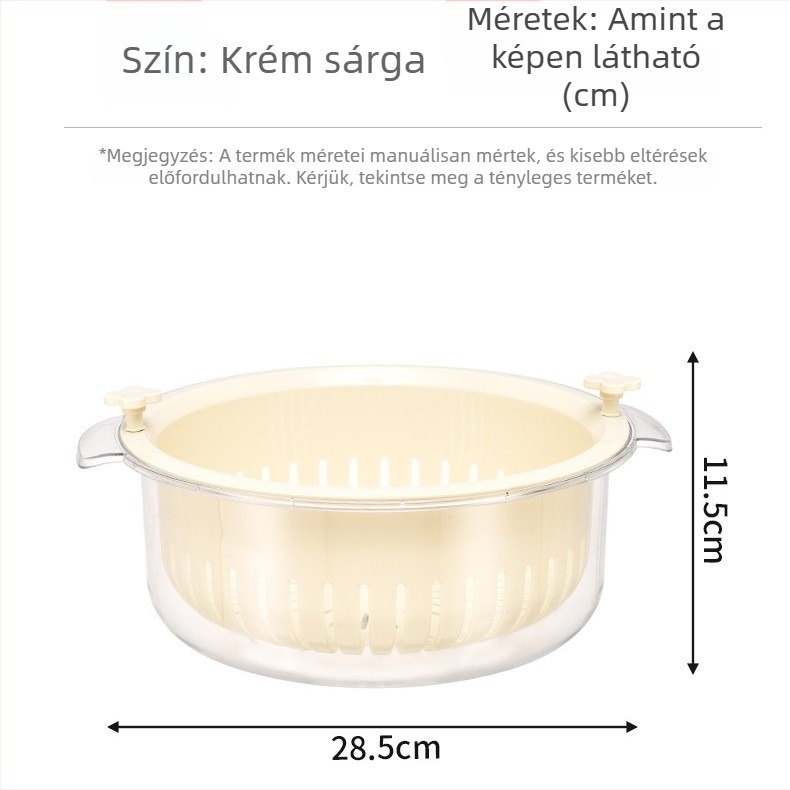 Forgó, kétszintes leeresztő kosár zöldségek és gyümölcsök mosására, lecsöpögtetésére és tárolására