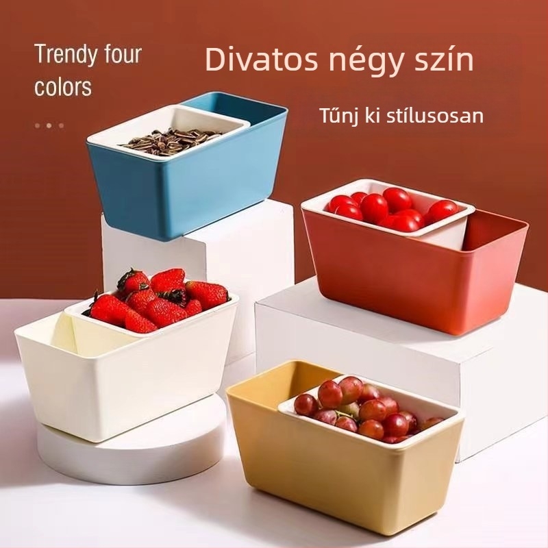 Többfunkciós snack tál leeresztő kosárral – kompakt asztali dizájn, aranyos rajzolt stílus