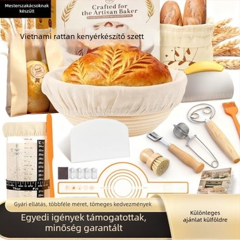 Kenyeres sütéshez való eszközkészlet: fermentációs kosár, ratán kenyérkosár, tészta spatula, tészta keverő, kenőecset