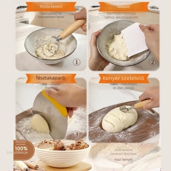 Kenyeres sütéshez való eszközkészlet: fermentációs kosár, ratán kenyérkosár, tészta spatula, tészta keverő, kenőecset