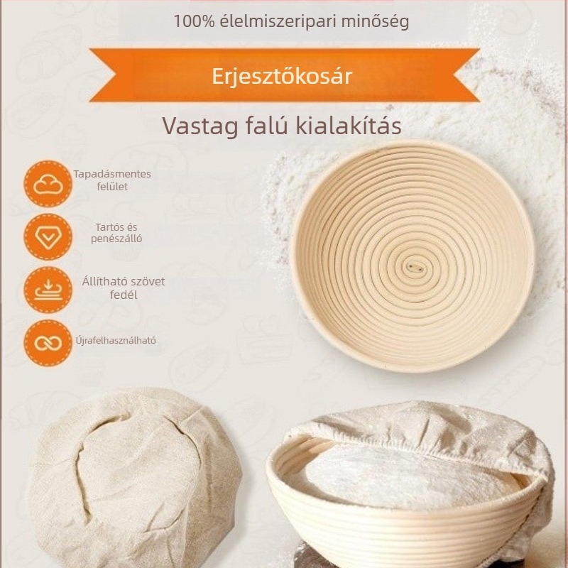 Kenyeres sütéshez való eszközkészlet: fermentációs kosár, ratán kenyérkosár, tészta spatula, tészta keverő, kenőecset