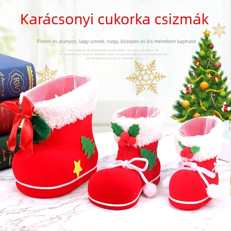 Karácsonyi dekoratív csizmák ajándékokhoz, gyermekeknek szánt bolyhos csizmák cukorkás zacskóval és zoknival, nagykereskedelmi értékesítés