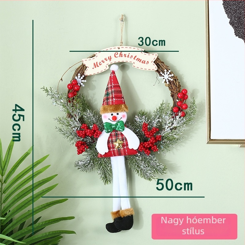 Karácsonyi koszorú rattan gyűrűvel és virágos díszítéssel ajtóra, ablakra vagy falra; lógatható dekoráció és karácsonyfa kiegészítő