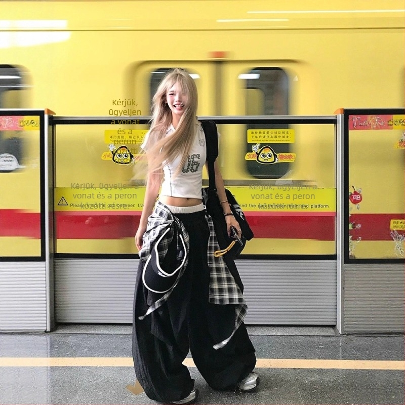 NECOYEP Női amerikai hip-hop stílusú rétegzett, levehető széles lábú nadrág, casual hosszú nadrág