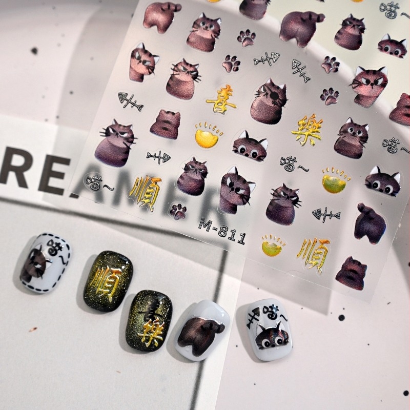 Körömdíszítő matricák M810 – szerencsehozó macska, emoji és rajzfilmmacska arcok, lézeres effekt