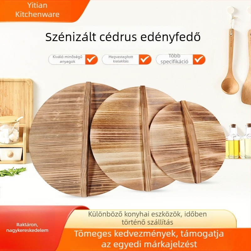 Szénizált tömörfa wokfedél, öntöttformájú fedél, hagyományos kerek nagy edényfedél